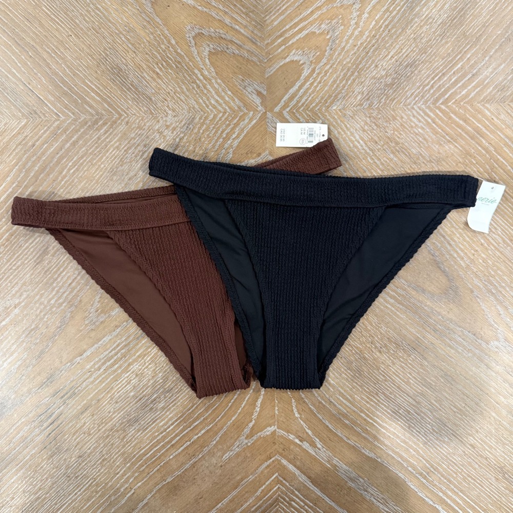 NWT Aerie Bundle 2 Crinkle Banded Cheeky Bikini Bottoms Medium Black Brown